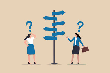 Two women confused at crossroads sign with question marks above © Design gallery