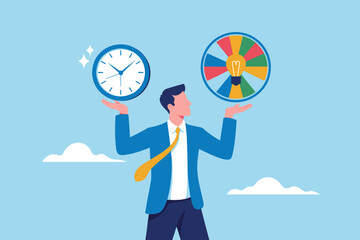 Man balancing a clock and a lightbulb idea wheel in clouds