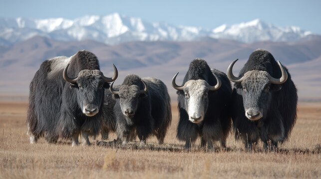 Yaks Crossing the Tibetan Plateau Showcasing Their Strength and Stability in a Vast Mountainous Landscape During Daytime