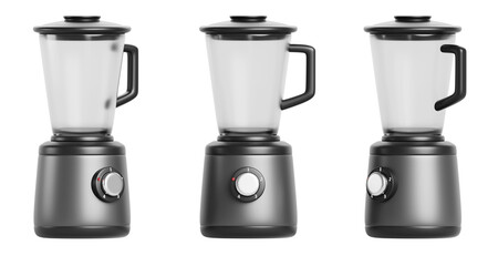 3d electric blender in different angles. Mixer, crush ice for smoothie, juice and shakes. Kitchen appliance, juicer with glass jar for fresh fruit drink, isolated render icon set