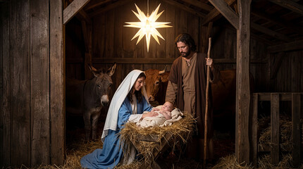 Nativity scene with the Holy Family, Mary, Joseph, and the Baby Jesus, illuminated by a large star inside a wooden stable, Concept of spirituality, tradition, and devotion