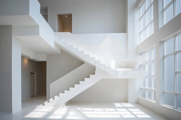 Obraz premium A white staircase is in the middle of a large, empty room