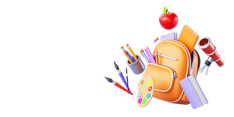 3d back to school concept with open yellow backpack, book, notebook, pen, pencil, paint palette, brush and telescope on blue background. Education banner template, learning poster