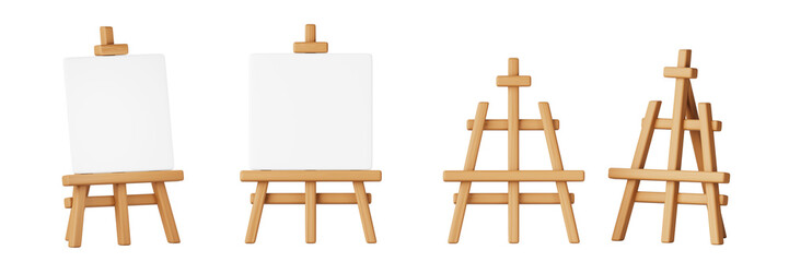Easel stand with painting board 3d render icon set. Wooden painter tripod with empty white canvas for artist drawing, front and angle view. Art school or workshop isolated equipment