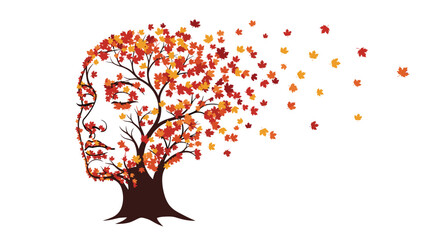 Stunning fusion of a woman's profile and a vibrant autumn tree losing leaves to the wind