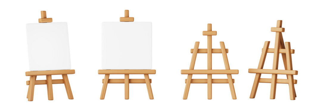 Easel stand with painting board 3d render icon set. Wooden painter tripod with empty white canvas for artist drawing, front and angle view. Art school or workshop isolated equipment