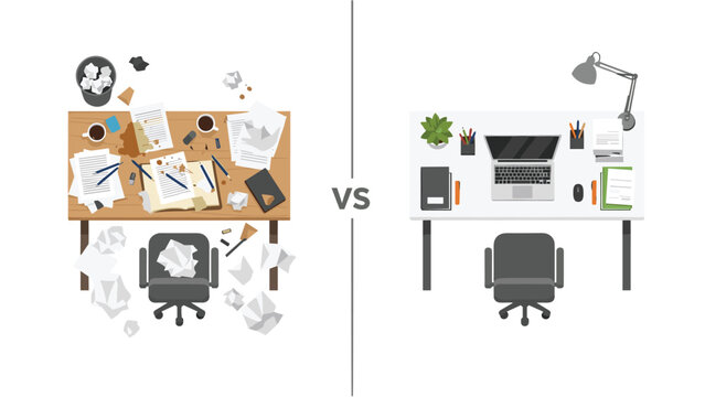 Stunning contrast between messy and organized modern office desk setups for productivity goals
