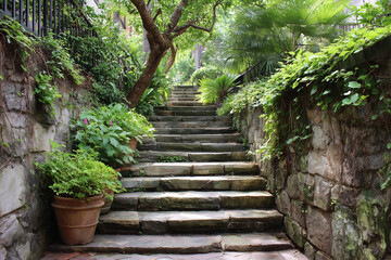 A stone staircase with ivy growing up the wall