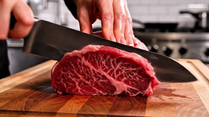 Video, close-up, chef cutting premium beef for cooking education, advertisement, asset,
