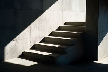 A staircase is shown in a shadow, with the sun shining on it