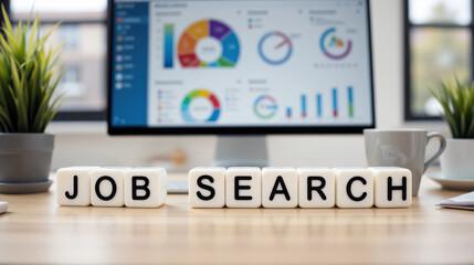 Career transition workspace with job search planner blocks in front of analytics dashboard to promote resume optimization tools and application tracking services for job seekers exploring new roles