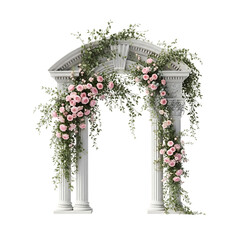 White Wedding Arch Decorated With Pink Roses and Greenery on Black Background floral arch wedding decoration isolated on a transparent background