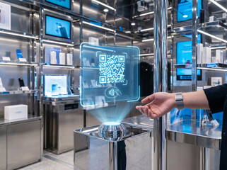 Holographic QR payment display in modern tech retail store
