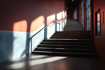 A staircase in a hallway with a blue and pink wall