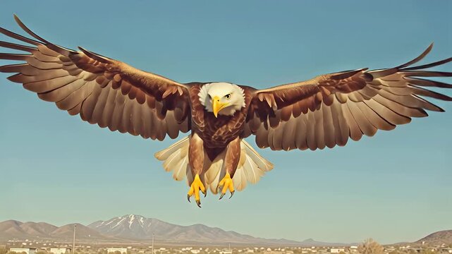 American bald eagle soaring in clear blue sky overhead view