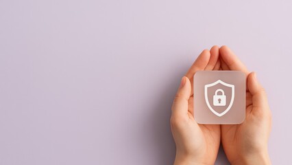 Hands holding 3D glass shield padlock icon, cybersecurity, data privacy, and protection concept on pastel purple background with copy space, Cybersecurity, Data Privacy, Cloud Security