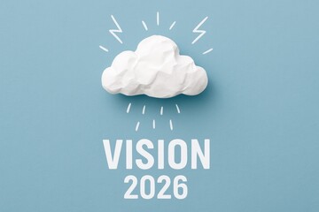 Vision 2026 Concept with Crumpled Paper Cloud and Lightning on Blue Background, Future Forecasting, Brainstorming, Cloud Computing, Spark of Innovation, Nurturing Growth, Clarifying the Vision