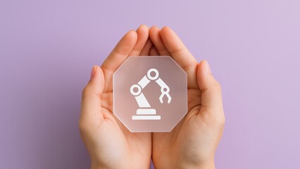 Hands holding 3D glass robotic arm icon, automation and future technology concept on purple background, Human-Machine Collaboration, Technological Care, Digital Transformation, Future of Work