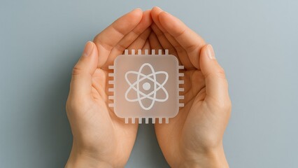 Human hands holding translucent quantum computing chip icon, technology innovation concept, Quantum Computing, Scientific Innovation, Core Processing, Future Potential, Fragility of Data