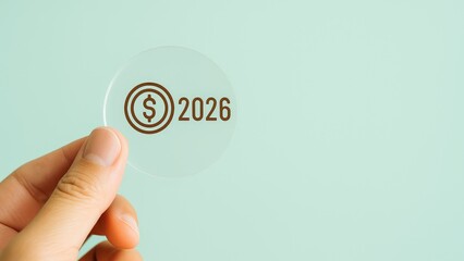 Hand holding transparent token with Dollar sign and year 2026, Financial planning and economic forecast concept on mint background, Economic Outlook, Strategic Budgeting, Investment Vision