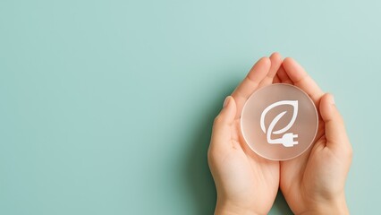 Hands holding transparent glass icon with leaf plug symbol on mint background, green energy and sustainability concept with copy space, Renewable Energy Transition, Net Zero Goals, Energy Efficiency