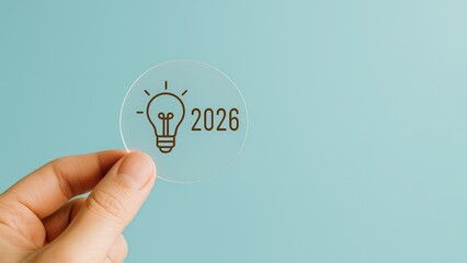 Hand holding transparent circle with lightbulb icon and year 2026 on blue background representing future innovation and business strategy, New Year Business Goals, Creative Solutions