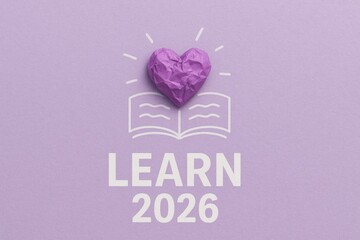 Learn 2026 education concept with purple crumpled paper heart and open book icon on violet background, Love for Learning, Academic Goals 2026, Educational Future, New Year Resolutions