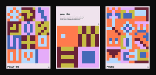 Colorful pixel mosaic posters with abstract geometric patterns
