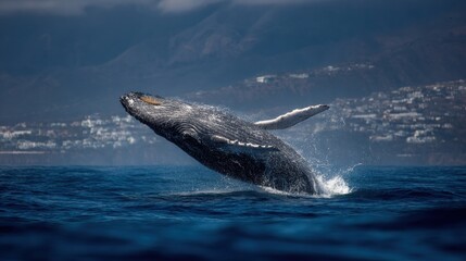 Obraz premium Humpback Whale Breaches the Ocean Surface in the Pacific as a Symbol of Guardian and Protector of Marine Life