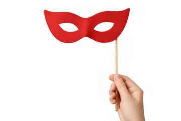 Hand holding red masquerade mask on a stick for carnival costume party, identity, secret, and mystery concept, transparent background