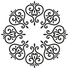 Graceful lacy mandala of swirls. Black ethnic ornament on white background. Monochrome fantasy design element. Geometry round ornament with hearts