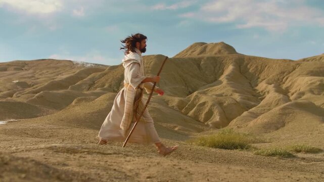 Solitary figure of Messiah dressed in simple, ancient-style robes walks through a sunlit desert, using a wooden staff for support as they move across the dry, textured ground. Christian and spiritual
