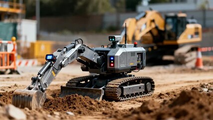 Heavyduty excavation robot digging earth efficiently in a construction zone equipped with advanced sensors.