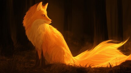 Naklejka premium Kitsune Fox Spirit in Glowing Forest Representing Magic and Intelligence in Japanese Folklore at Night