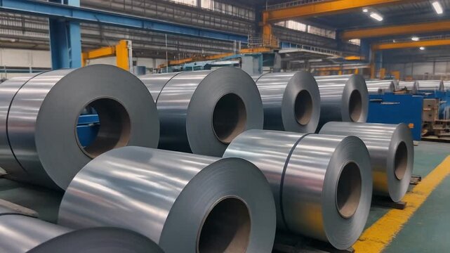 Large rolls of polished steel or aluminum sheets stacked in a manufacturing facility, ready for further processing or shipment, symbolizing essential industrial raw material stock