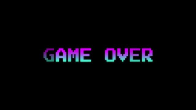 Game Over Pixel Text Animation. Retro arcade-style pixel gradient text flashing on black background