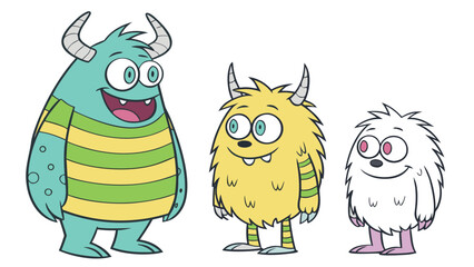 Obraz premium Vector illustration three colorful cartoon monsters of different sizes standing side by side