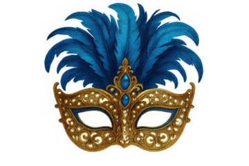 Ornate venetian masquerade mask featuring vibrant blue feathers and gold accents for carnival celebrations and mystery events