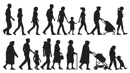 Vector illustration silhouettes of diverse people walking in two rows, representing different ages and family structures