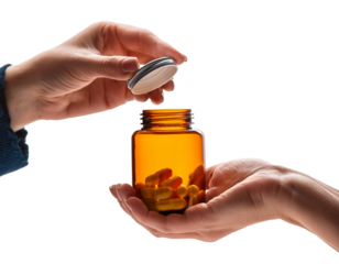 Hands opening vitamin supplement jar.
