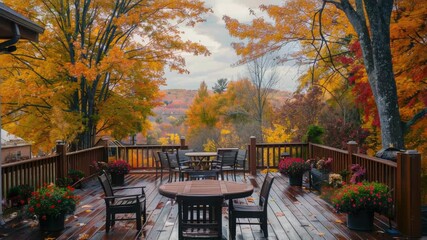 Video A wooden deck with a table and chairs, perfect for outdoor gatherings or relaxation