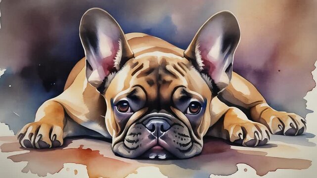 Close-up of a cute fawn French Bulldog lying down with its head resting on the floor, watercolor art