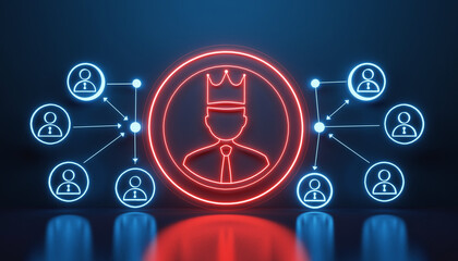 The King in Network: An intricate network of connected individuals converges around the central figure of a king, symbolizing the core of authority and influence.
