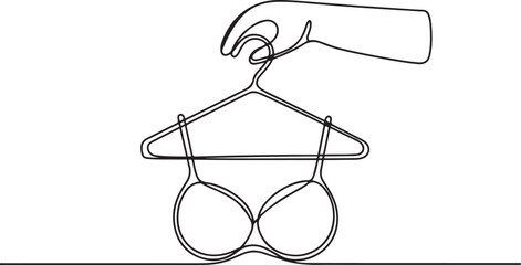 continuous line art of clothes hanger hand and bra, Bathing Suit Bikini Single Line Drawing with Editable Stroke. one line Icon drawing