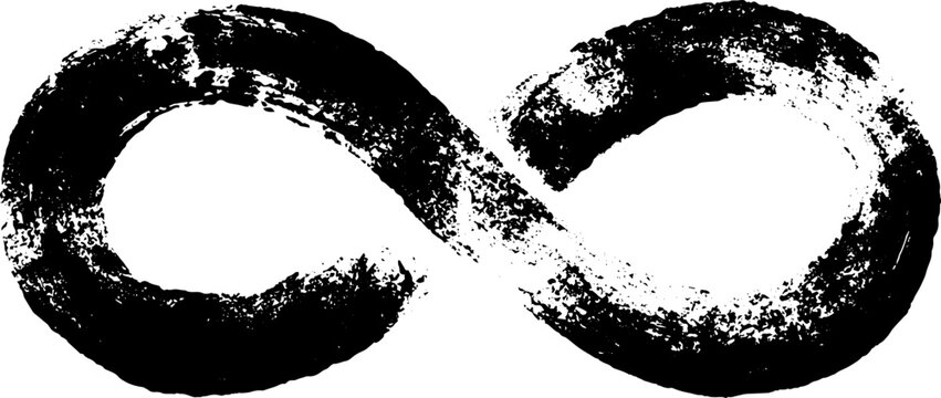 Black and white grunge infinity symbol with entangled loops for design posters and urban art