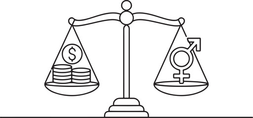 Scales with money and gender symbol in balance. Equal pay for men and women. Equal Pay Day. one line Icon drawing