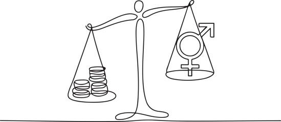 Scales with money and gender symbol in balance. Equal pay for men and women. Equal Pay Day. one line Icon drawing