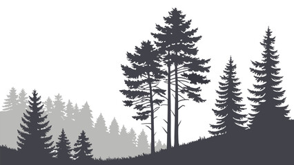 Obraz premium Vector illustration silhouette of tall evergreen pine trees on a grassy hill against a fading forest background in monochrome style