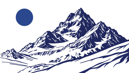 Vector illustration stylized illustration of rugged, snowcapped mountains under a dark blue circle