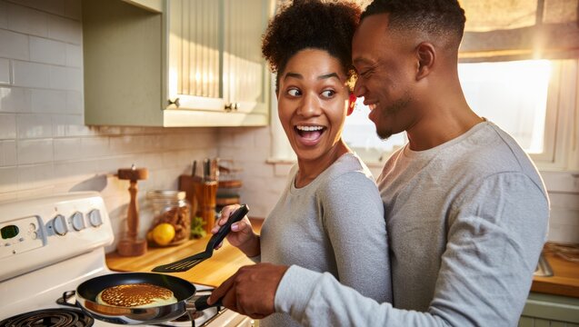 Happy African American Couple Cooking Pancakes Together in Sunny Kitchen - Powered by Adobe